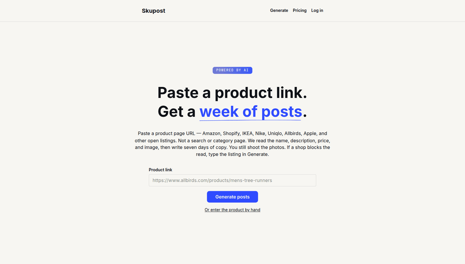 Skupost — paste a product link, get a week of posts