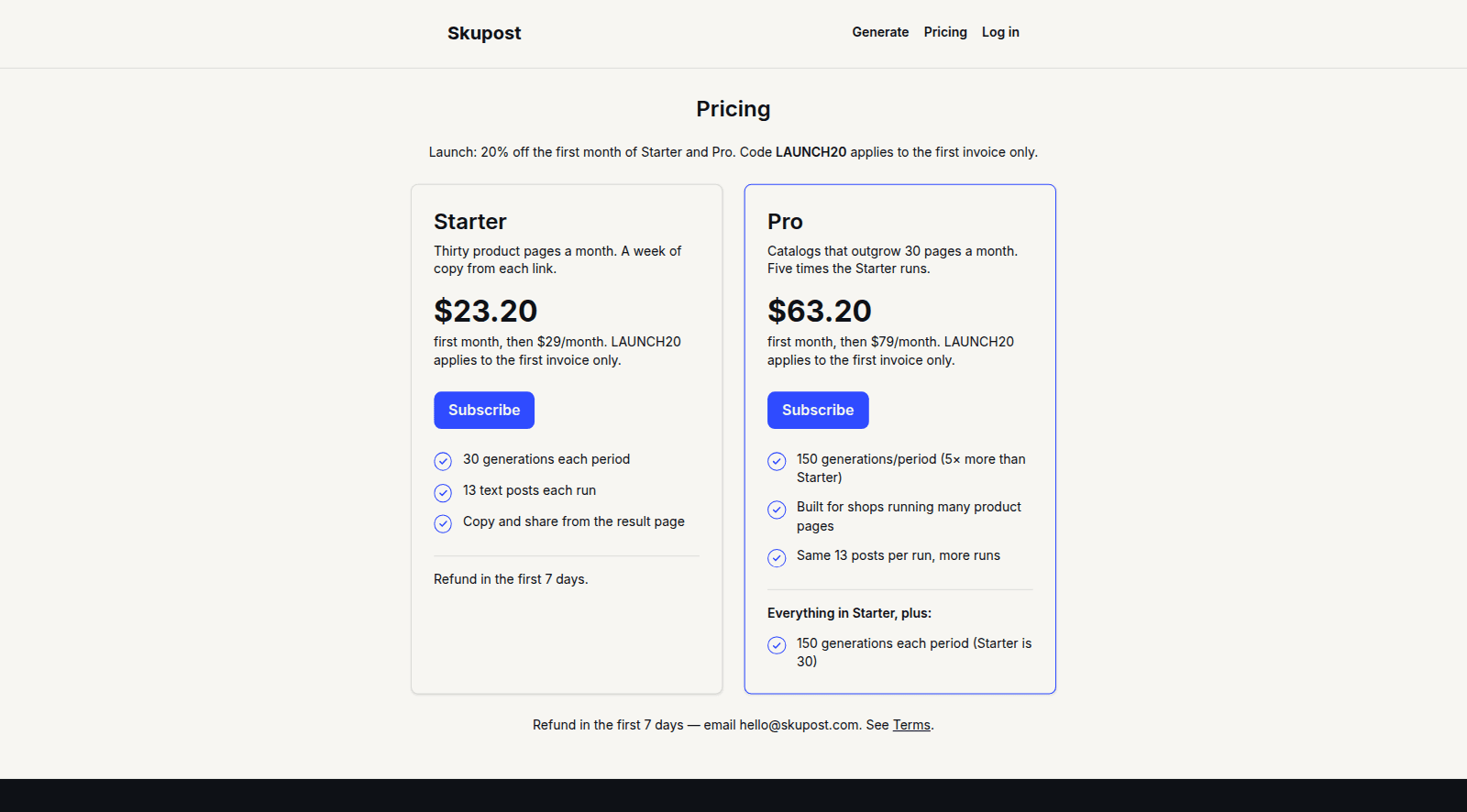 Skupost — Starter and Pro pricing