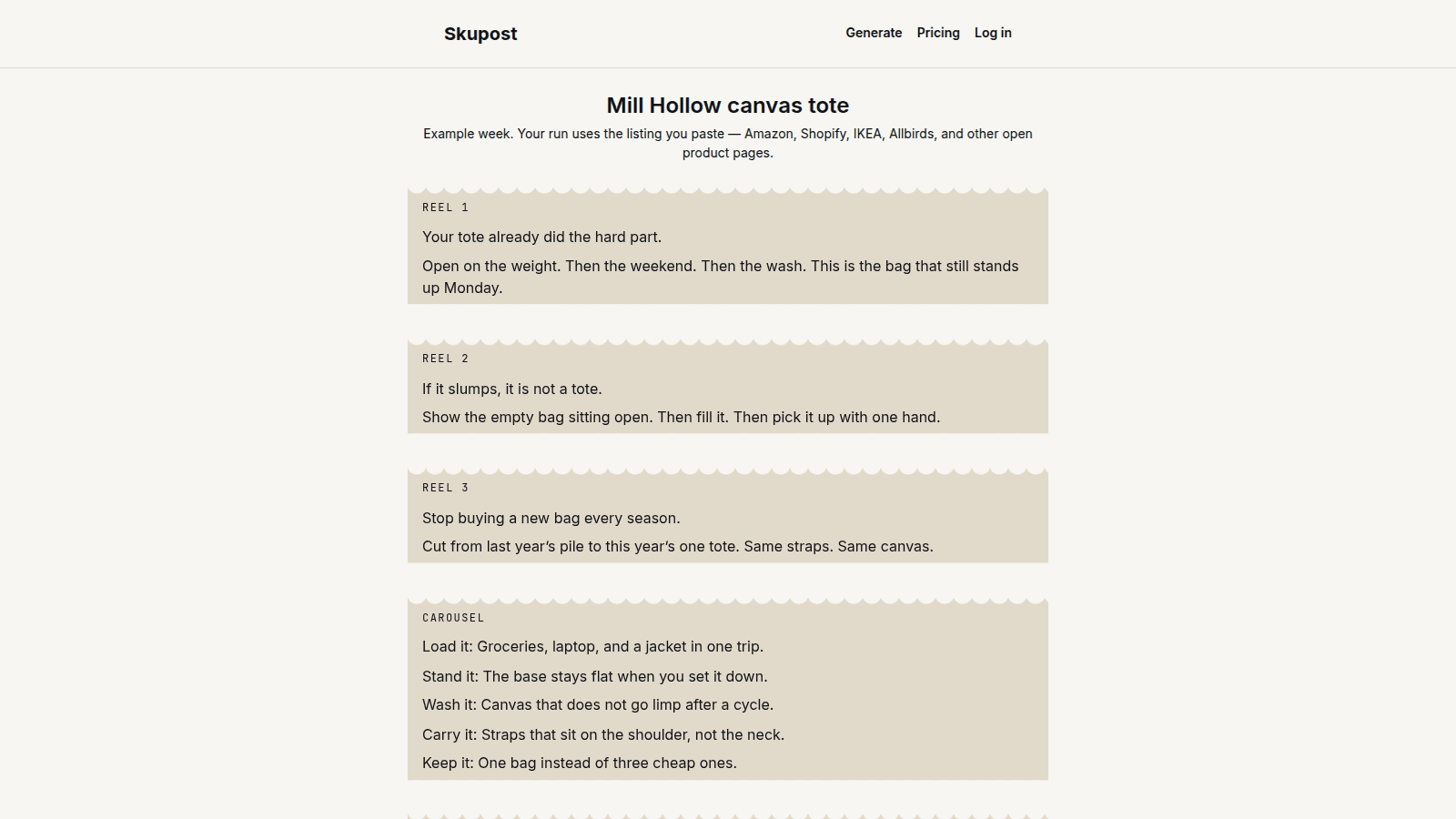 Skupost — a week of Reels, carousel, Stories, captions, and ads